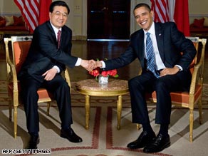 U.S. President Barack Obama meets with Chinese President Hu Jintao in London on April 1.